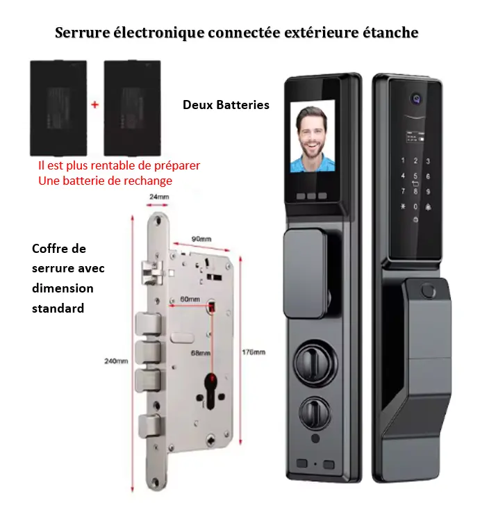 Serrure électronique connectée extérieure étanche – WiFi Tuya, interphone vocal, caméra intégrée, reconnaissance faciale et empreinte digitale